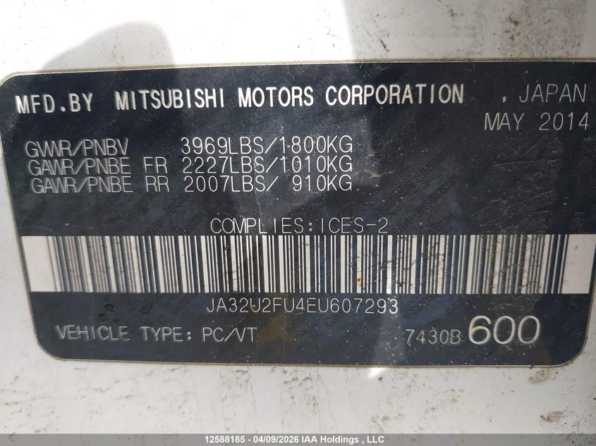 2014 Mitsubishi Lancer Es/Es Sport VIN: JA32U2FU4EU607293 Lot: 12588185