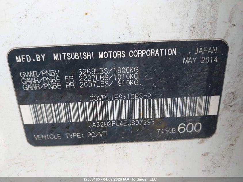 2014 Mitsubishi Lancer Es/Es Sport VIN: JA32U2FU4EU607293 Lot: 12588185