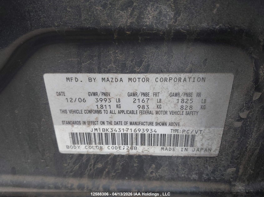 2007 Mazda 3 Hatchback VIN: JM1BK343171693934 Lot: 12588306