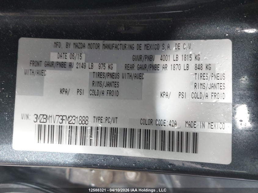 2015 Mazda 3 Touring VIN: 3MZBM1V73FM231888 Lot: 12588321