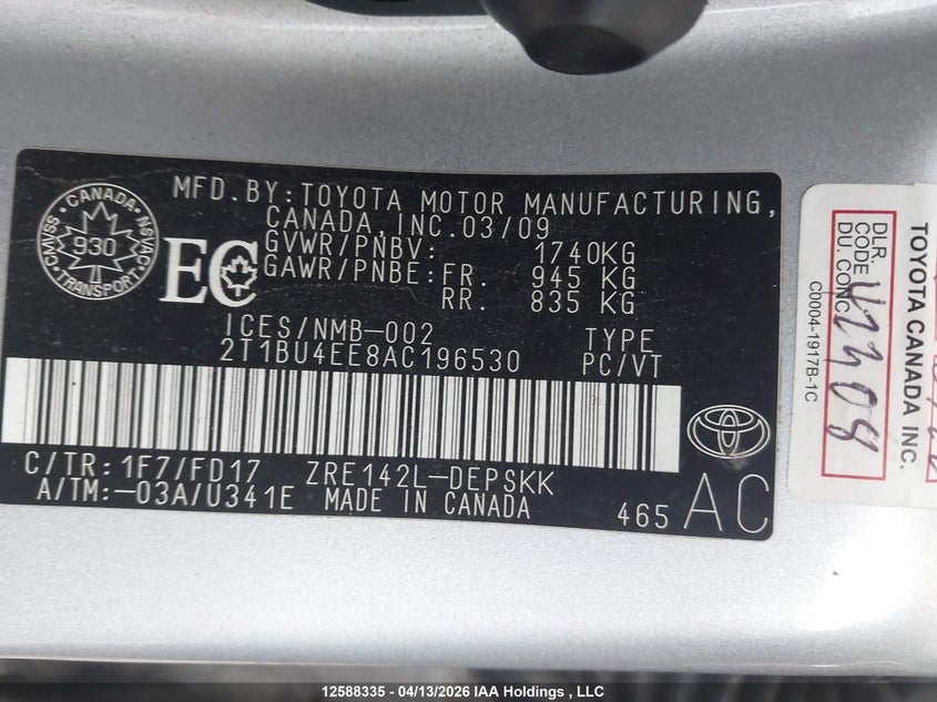 2010 Toyota Corolla S/Le/Xle VIN: 2T1BU4EE8AC196530 Lot: 12588335