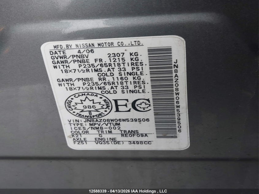 2006 Nissan Murano Sl/Se/S VIN: JN8AZ08W06W539506 Lot: 12588339