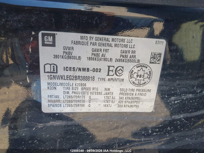 2011 Chevrolet Suburban K2500 Ls VIN: 1GNWKLEG2BR388818 Lot: 12588348