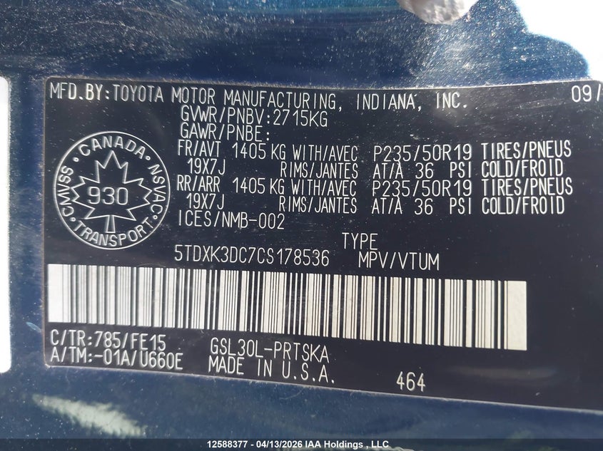 2012 Toyota Sienna Se 8 Passenger VIN: 5TDXK3DC7CS178536 Lot: 12588377