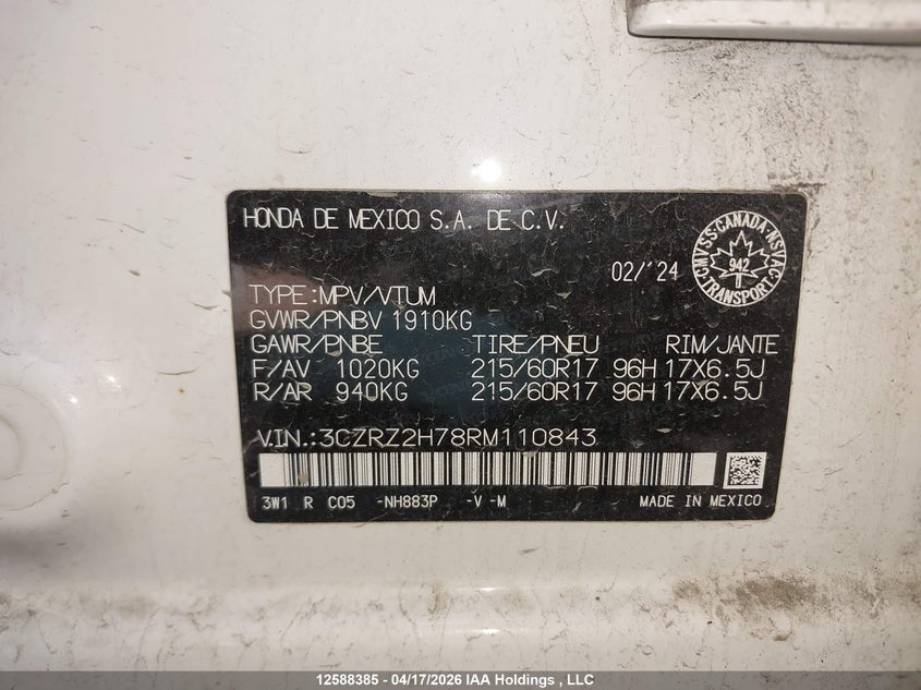 2024 Honda Hr-V Ex-L Navi VIN: 3CZRZ2H78RM110843 Lot: 12588385