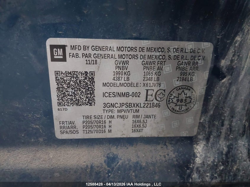 2019 Chevrolet Trax Lt VIN: 3GNCJPSBXKL221846 Lot: 12588428