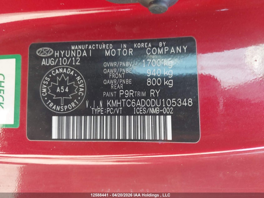 2013 Hyundai Veloster Tech VIN: KMHTC6AD0DU105348 Lot: 12588441