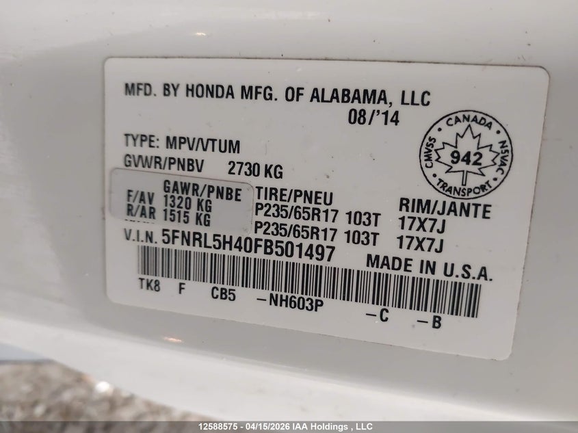 2015 Honda Odyssey Ex VIN: 5FNRL5H40FB501497 Lot: 12588575