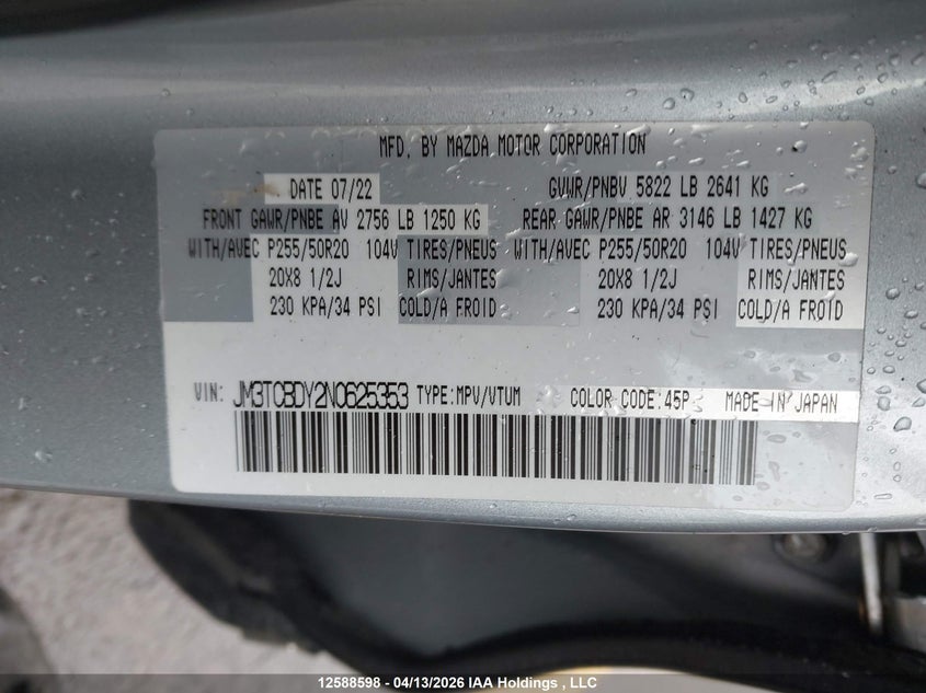 2022 Mazda Cx-9 VIN: JM3TCBDY2N0625353 Lot: 12588598
