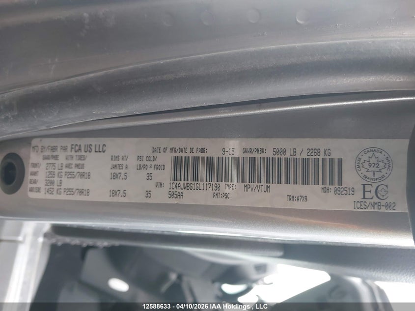 2016 Jeep Wrangler Sahara VIN: 1C4AJWBG1GL117190 Lot: 12588633