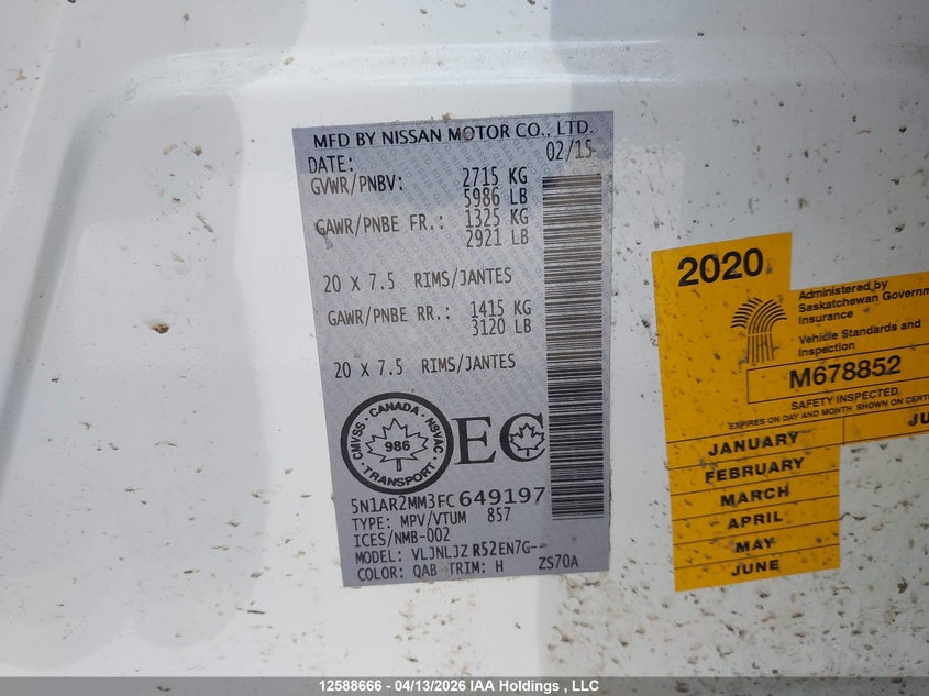 2015 Nissan Pathfinder S/Sv/Sl/Platinum VIN: 5N1AR2MM3FC649197 Lot: 12588666