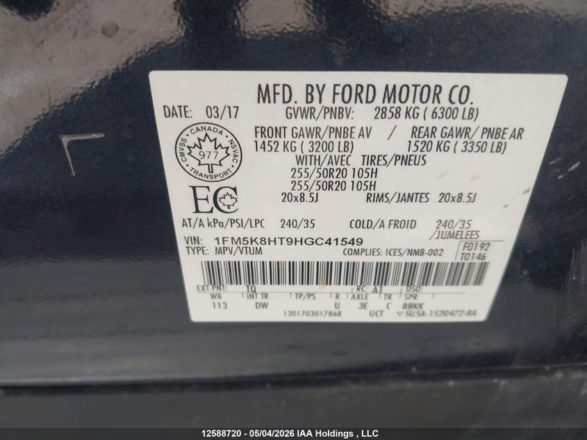 2017 Ford Explorer Platinum VIN: 1FM5K8HT9HGC41549 Lot: 12588720