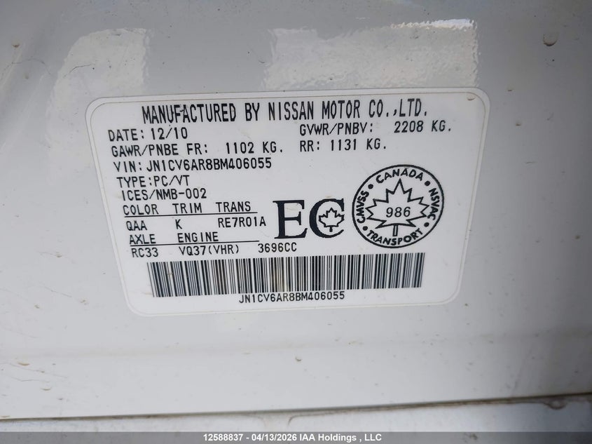 2011 Infiniti G37X VIN: JN1CV6AR8BM406055 Lot: 12588837