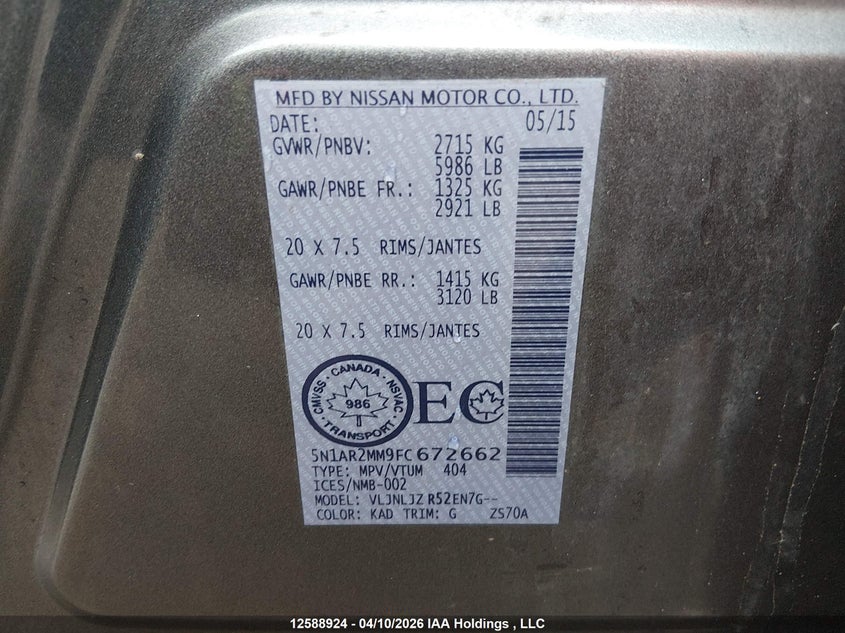 2015 Nissan Pathfinder S/Sv/Sl/Platinum VIN: 5N1AR2MM9FC672662 Lot: 12588924