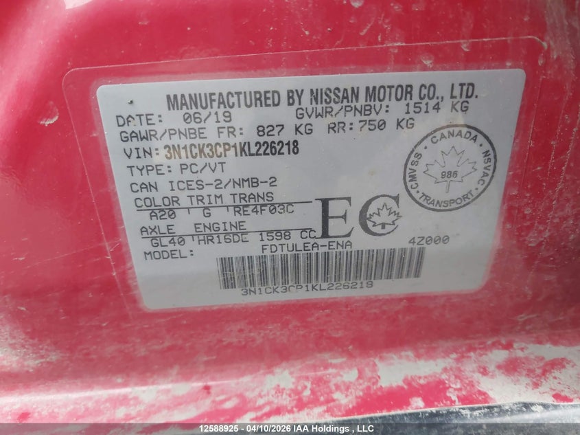 2019 Nissan Micra VIN: 3N1CK3CP1KL226218 Lot: 12588925