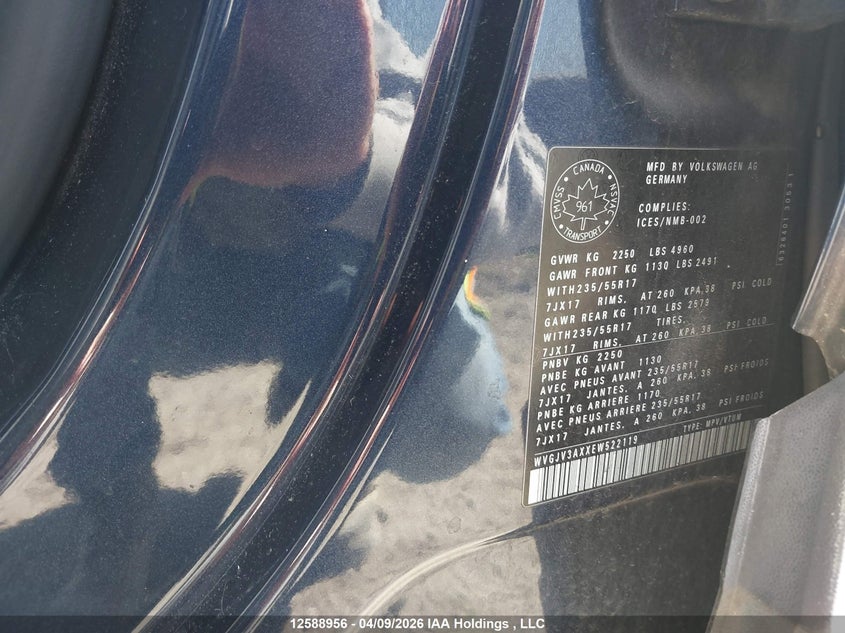 2014 Volkswagen Tiguan S/Se/Sel/R-Line VIN: WVGJV3AXXEW522119 Lot: 12588956