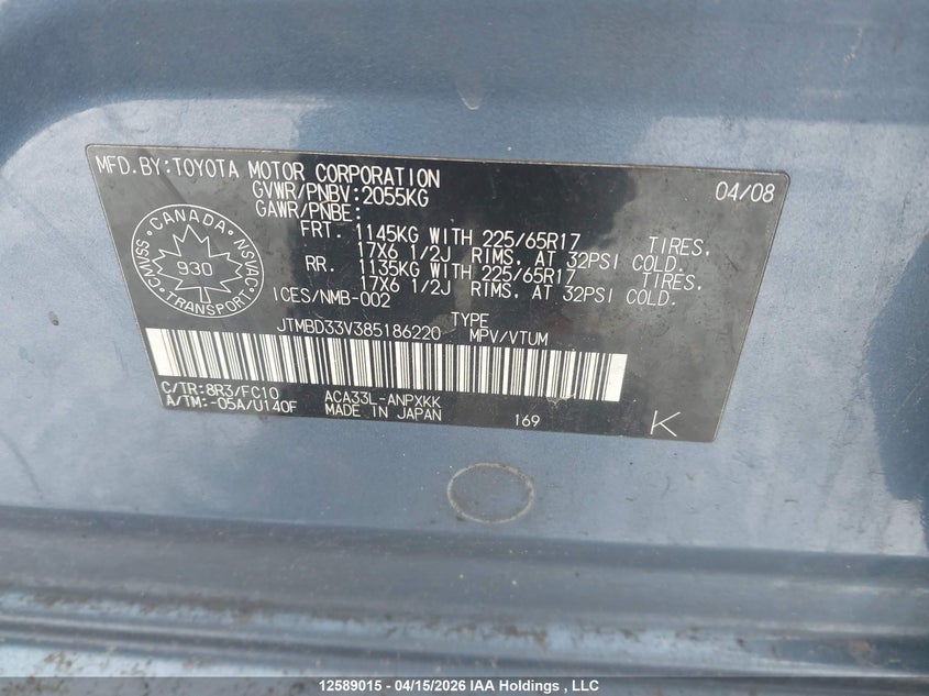 2008 Toyota Rav4 VIN: JTMBD33V385186220 Lot: 12589015