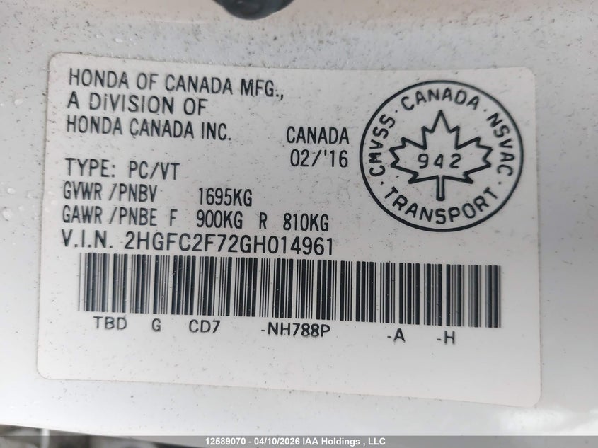 2016 HONDA CIVIC SEDAN 2.0L I4 FI DOHC 16V NF4