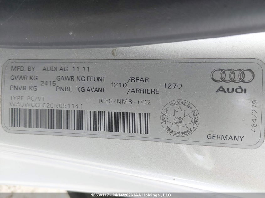 2012 Audi A7 Premium VIN: WAUWGCFC2CN091141 Lot: 12589117