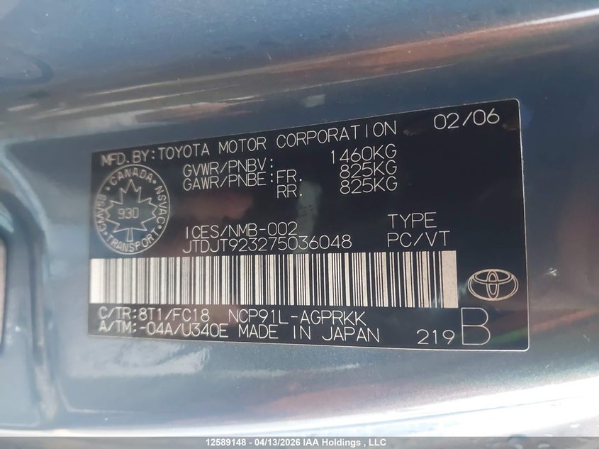 2007 Toyota Yaris VIN: JTDJT923275036048 Lot: 12589148