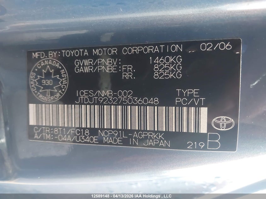 2007 Toyota Yaris VIN: JTDJT923275036048 Lot: 12589148