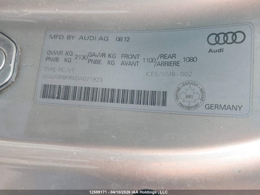 2013 Audi A5 Premium VIN: WAUMFBFRXDA021923 Lot: 12589171