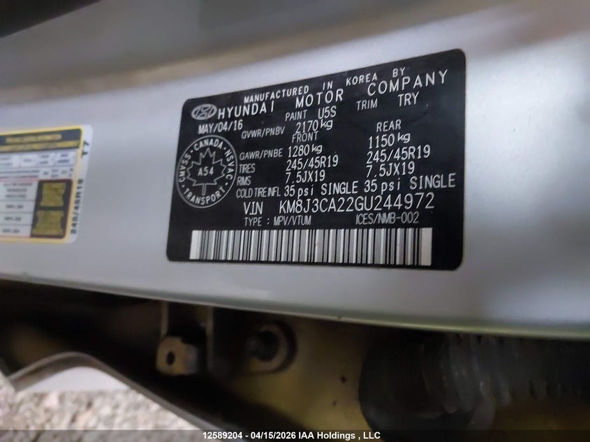 2016 Hyundai Tucson Limited VIN: KM8J3CA22GU244972 Lot: 12589204