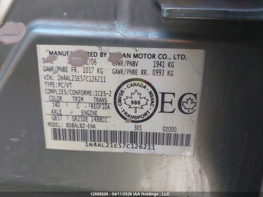 2007 Nissan Altima 2.5 S VIN: 1N4AL21E57C126211 Lot: 12589209