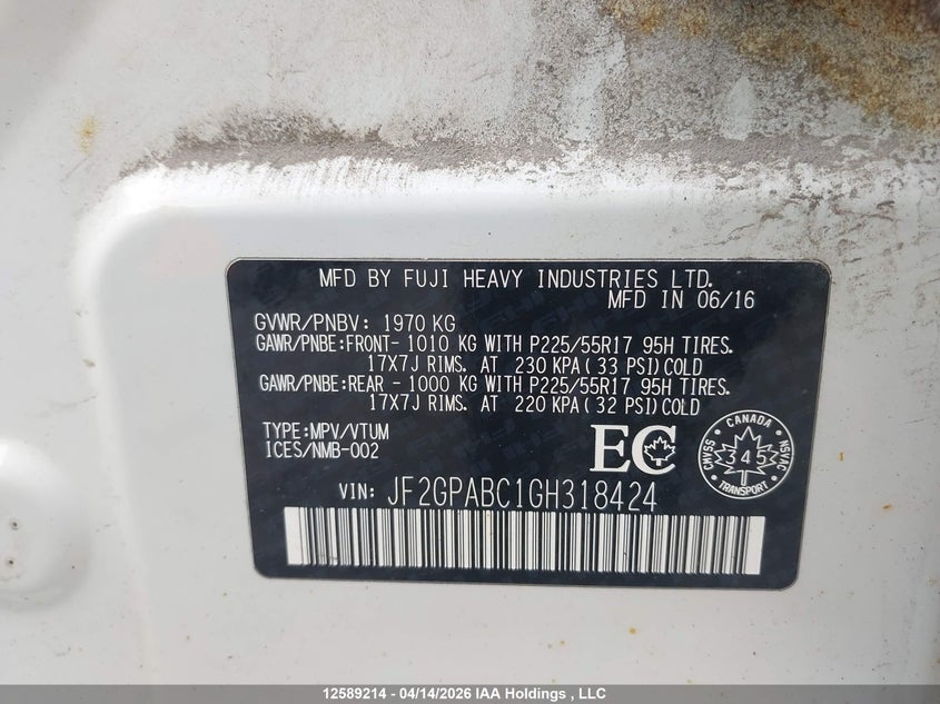 2016 Subaru Crosstrek Sport Package/Touring Package VIN: JF2GPABC1GH318424 Lot: 12589214