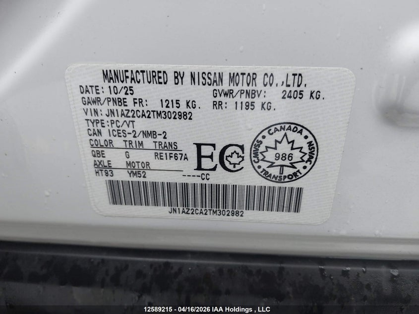 2026 Nissan Leaf Sv Plus Fwd VIN: JN1AZ2CA2TM302982 Lot: 12589215