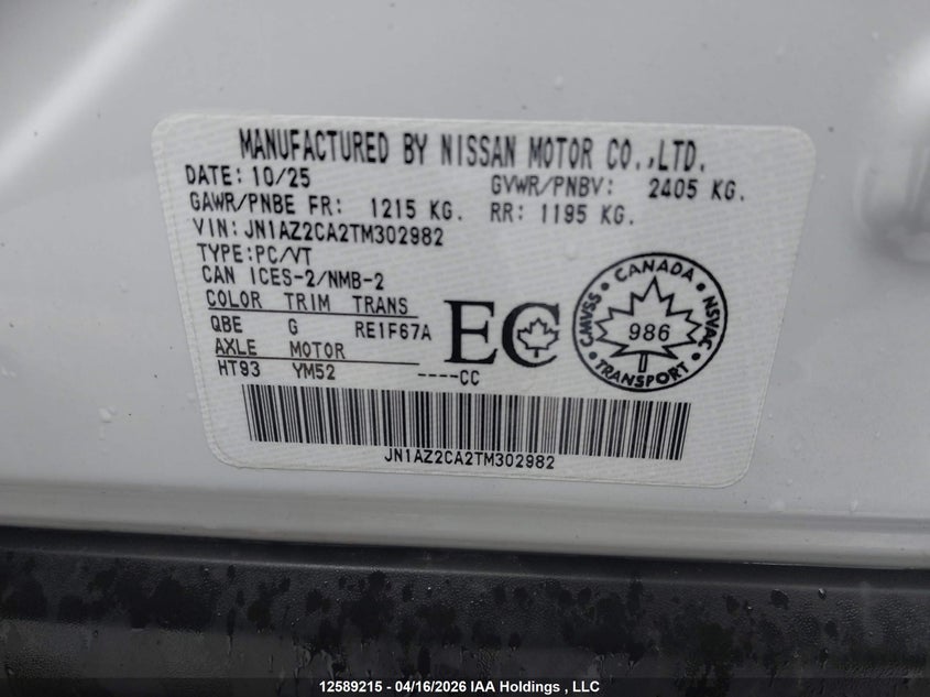 2026 Nissan Leaf Sv Plus Fwd VIN: JN1AZ2CA2TM302982 Lot: 12589215