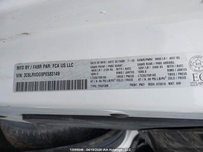 2023 Ram Promaster 2500 2500 High VIN: 3C6LRVDG9PE583149 Lot: 12589548