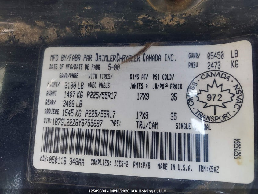 2000 Dodge Dakota VIN: 1B7GL22Z6YS755697 Lot: 12589634