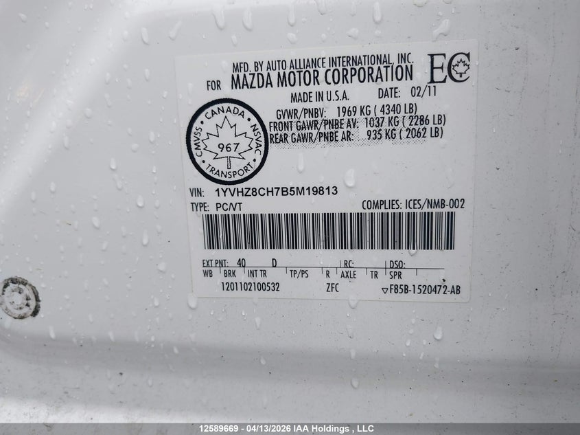 2011 Mazda 6 I VIN: 1YVHZ8CH7B5M19813 Lot: 12589669