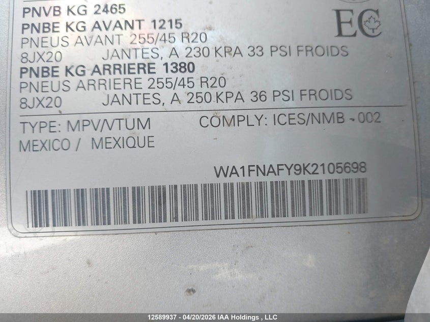 2019 Audi Q5 45 Technik VIN: WA1FNAFY9K2105698 Lot: 12589937