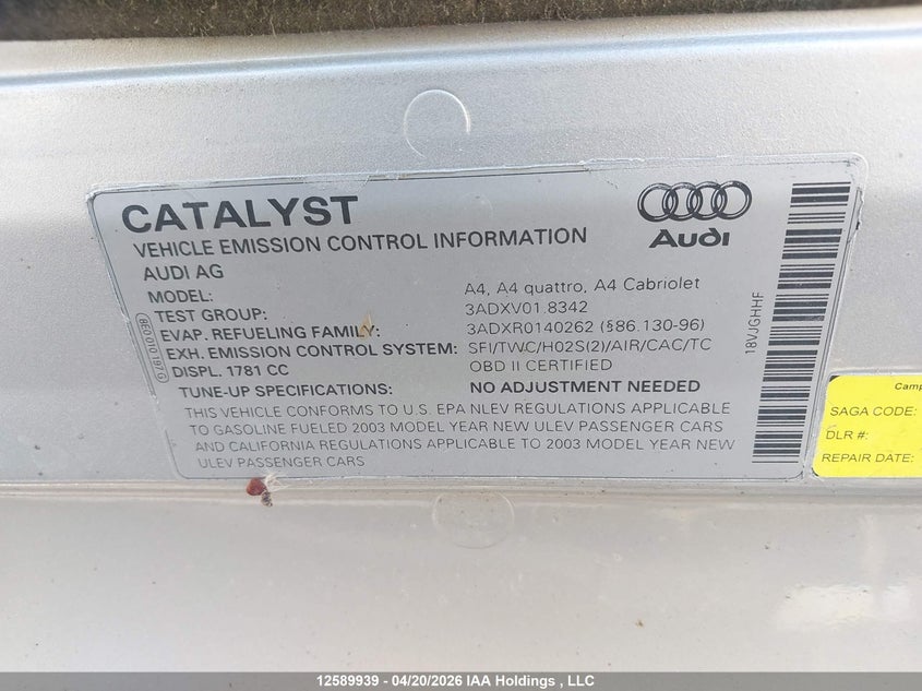 2003 Audi A4 1.8T VIN: WAUJC68E83A390341 Lot: 12589939