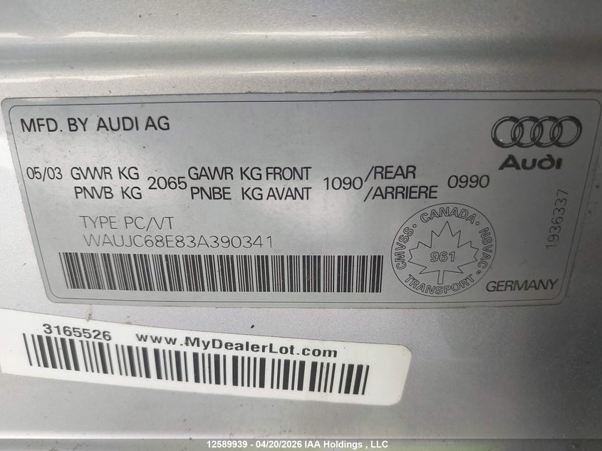 2003 Audi A4 1.8T VIN: WAUJC68E83A390341 Lot: 12589939