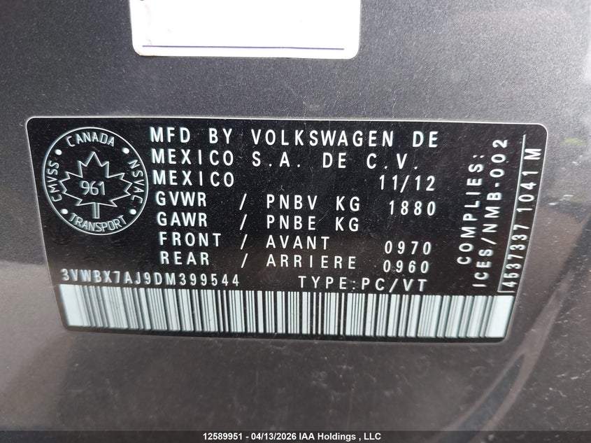 2013 Volkswagen Jetta Se VIN: 3VWBX7AJ9DM399544 Lot: 12589951