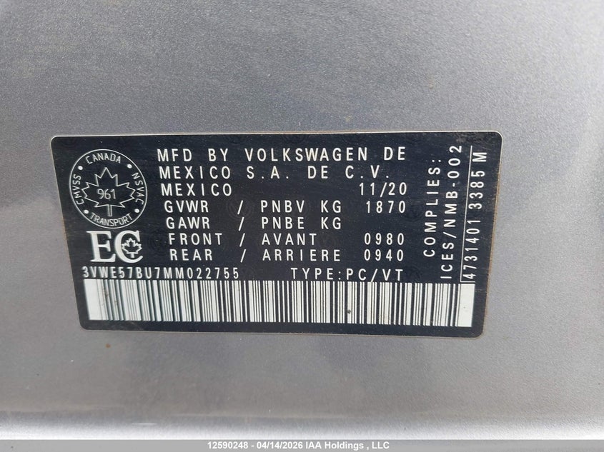 2021 Volkswagen Jetta Sel VIN: 3VWE57BU7MM022755 Lot: 12590248