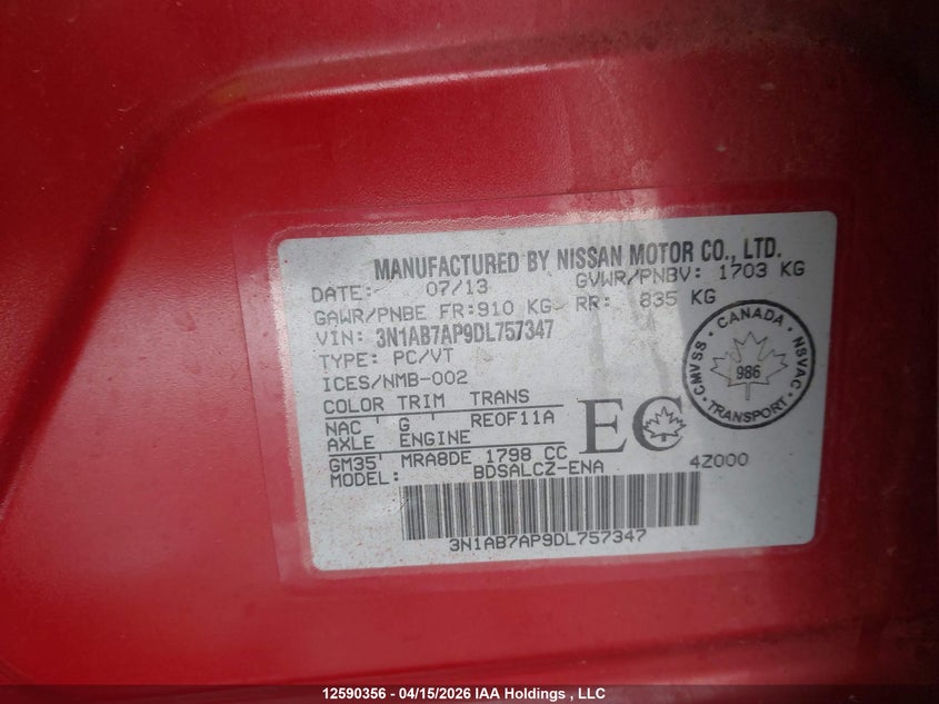 2013 Nissan Sentra 1.8 S/1.8 Sv VIN: 3N1AB7AP9DL757347 Lot: 12590356