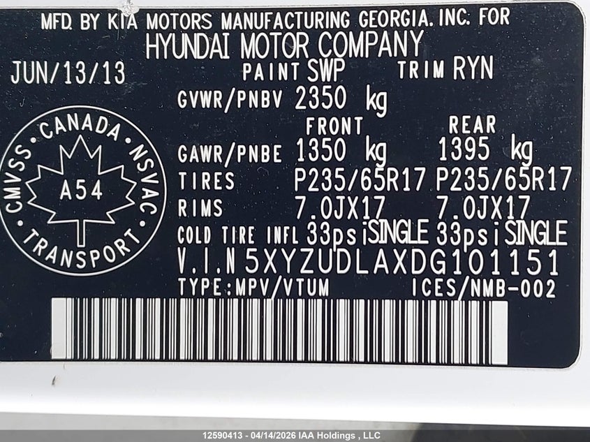 2013 Hyundai Santa Fe Sport VIN: 5XYZUDLAXDG101151 Lot: 12590413