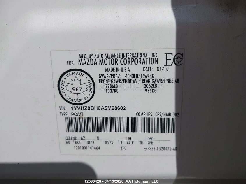 2010 Mazda Mazda6 VIN: 1YVHZ8BH6A5M28602 Lot: 12590428