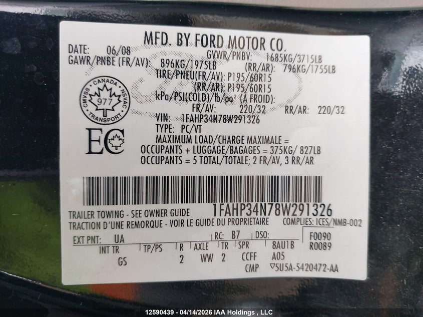 2008 Ford Focus S/Se VIN: 1FAHP34N78W291326 Lot: 12590439