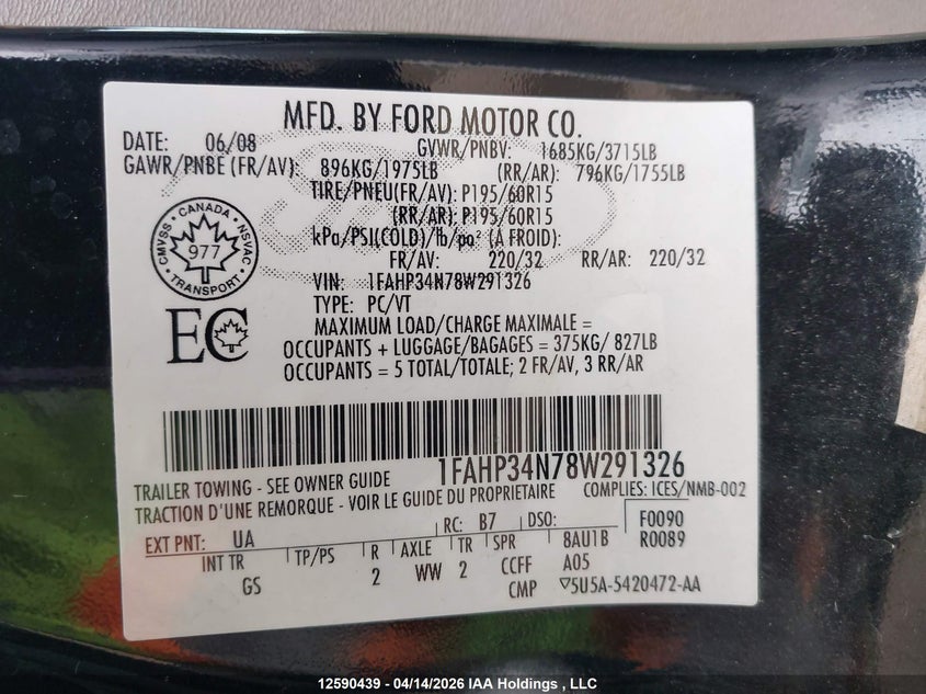 2008 Ford Focus S/Se VIN: 1FAHP34N78W291326 Lot: 12590439