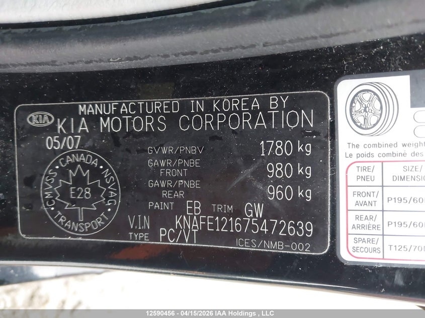 2007 Kia Spectra Ex/Lx VIN: KNAFE121675472639 Lot: 12590456