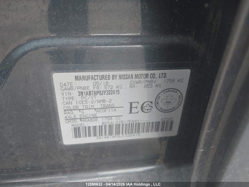 2018 Nissan Sentra 1.8 S/1.8 Sv/1.8 Sv Midnight Edition VIN: 3N1AB7AP8JY322415 Lot: 12590632