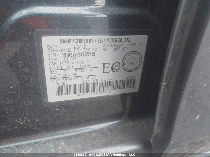 2018 Nissan Sentra 1.8 S/1.8 Sv/1.8 Sv Midnight Edition VIN: 3N1AB7AP8JY322415 Lot: 12590632