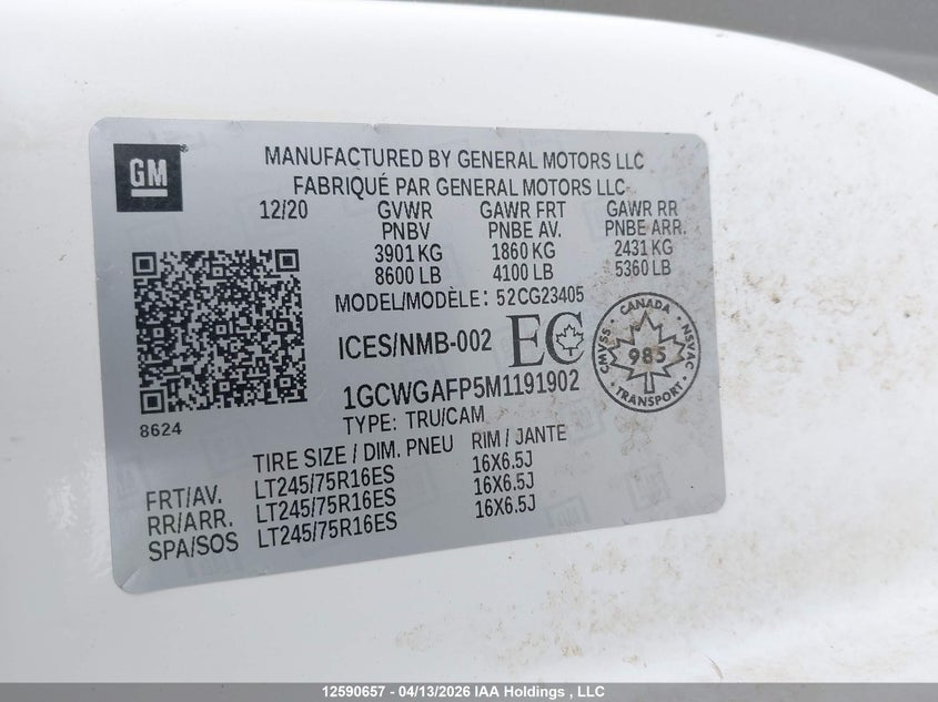 2021 Chevrolet Express VIN: 1GCWGAFP5M1191902 Lot: 12590657