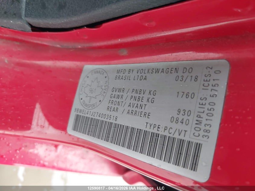 2007 Volkswagen City Golf 2.0 VIN: 9BWEL41J274003518 Lot: 12590817