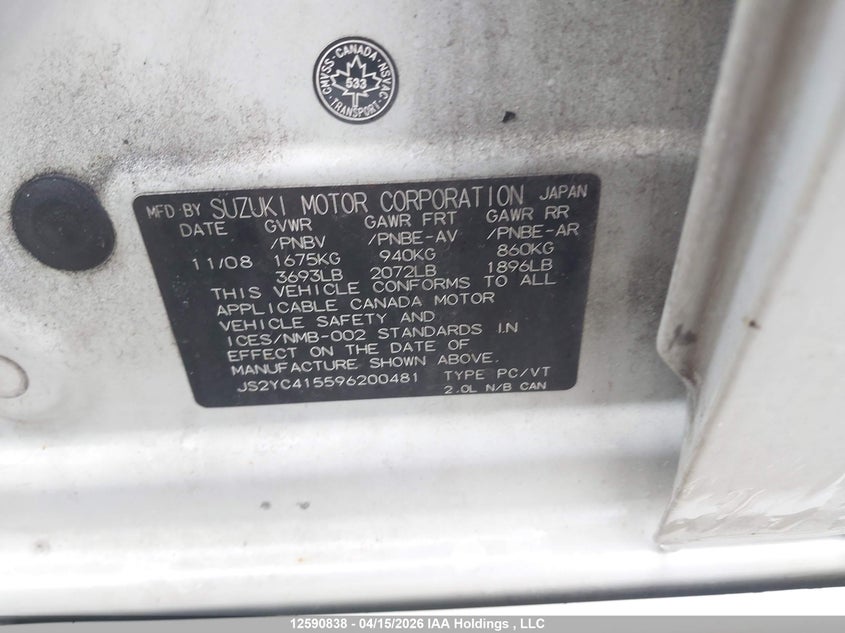 2009 SUZUKI SX4 HATCHBACK 2.0L I-4 DOHC, 143HP